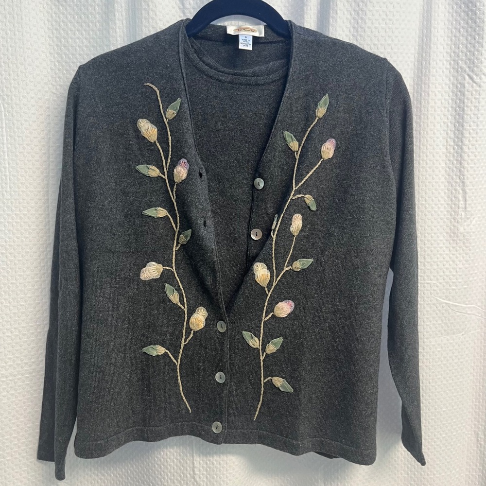 Talbots Silk Wool Twin Set Gray Cardigan Shell Embroidered Floral Women Small